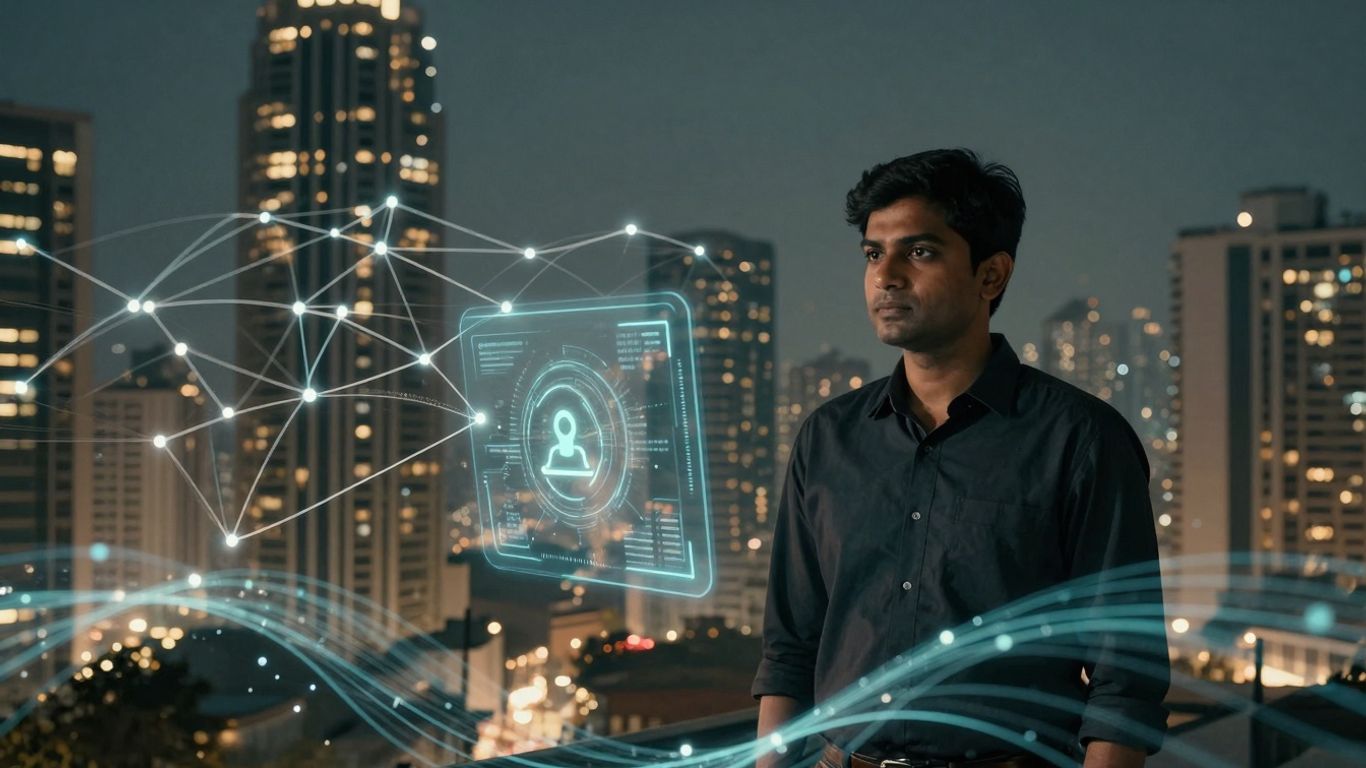 AI connecting smart calls in a futuristic city.