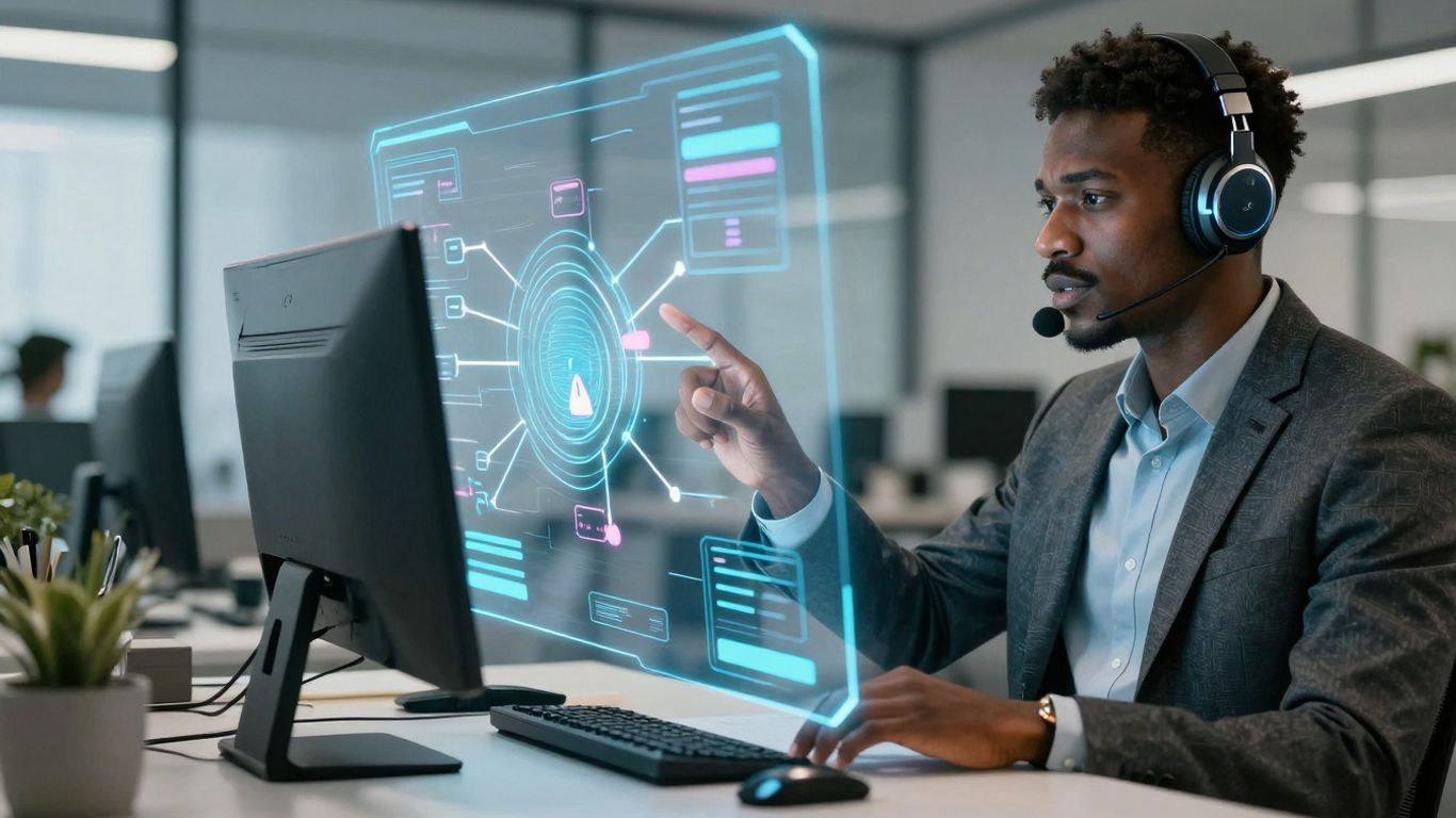 AI voice agent optimizing call routing with holographic interface.