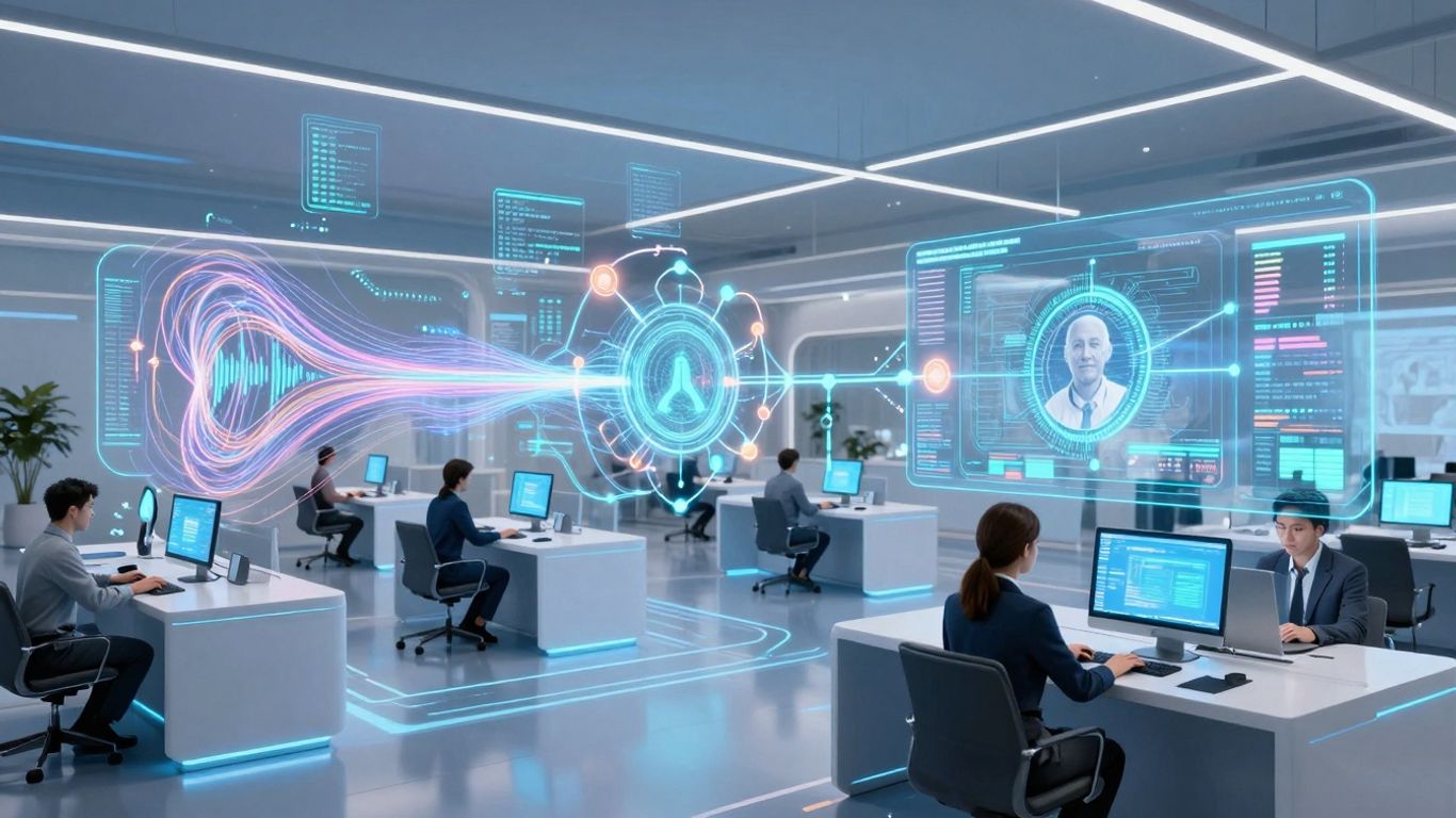 AI call routing optimization in a futuristic call center.