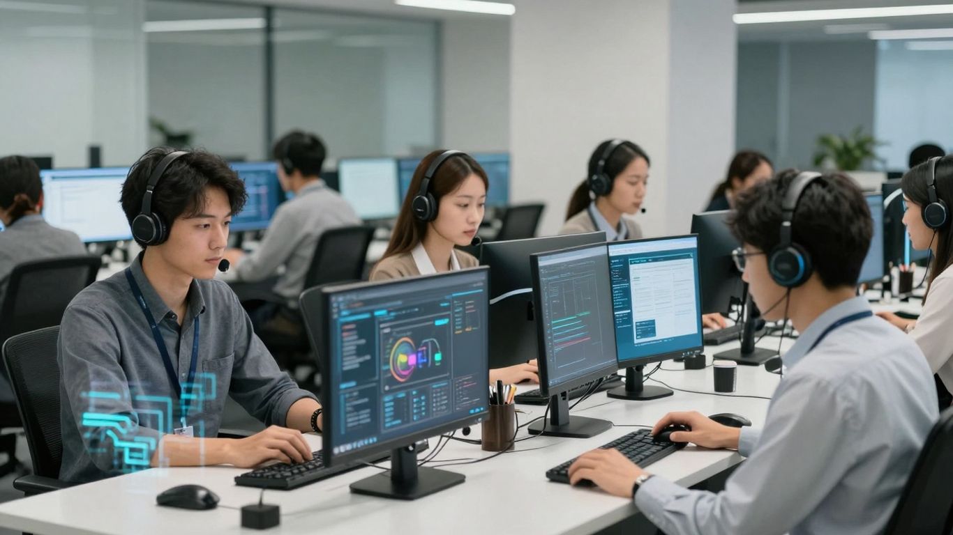 Call center agents using AI for efficient call routing.