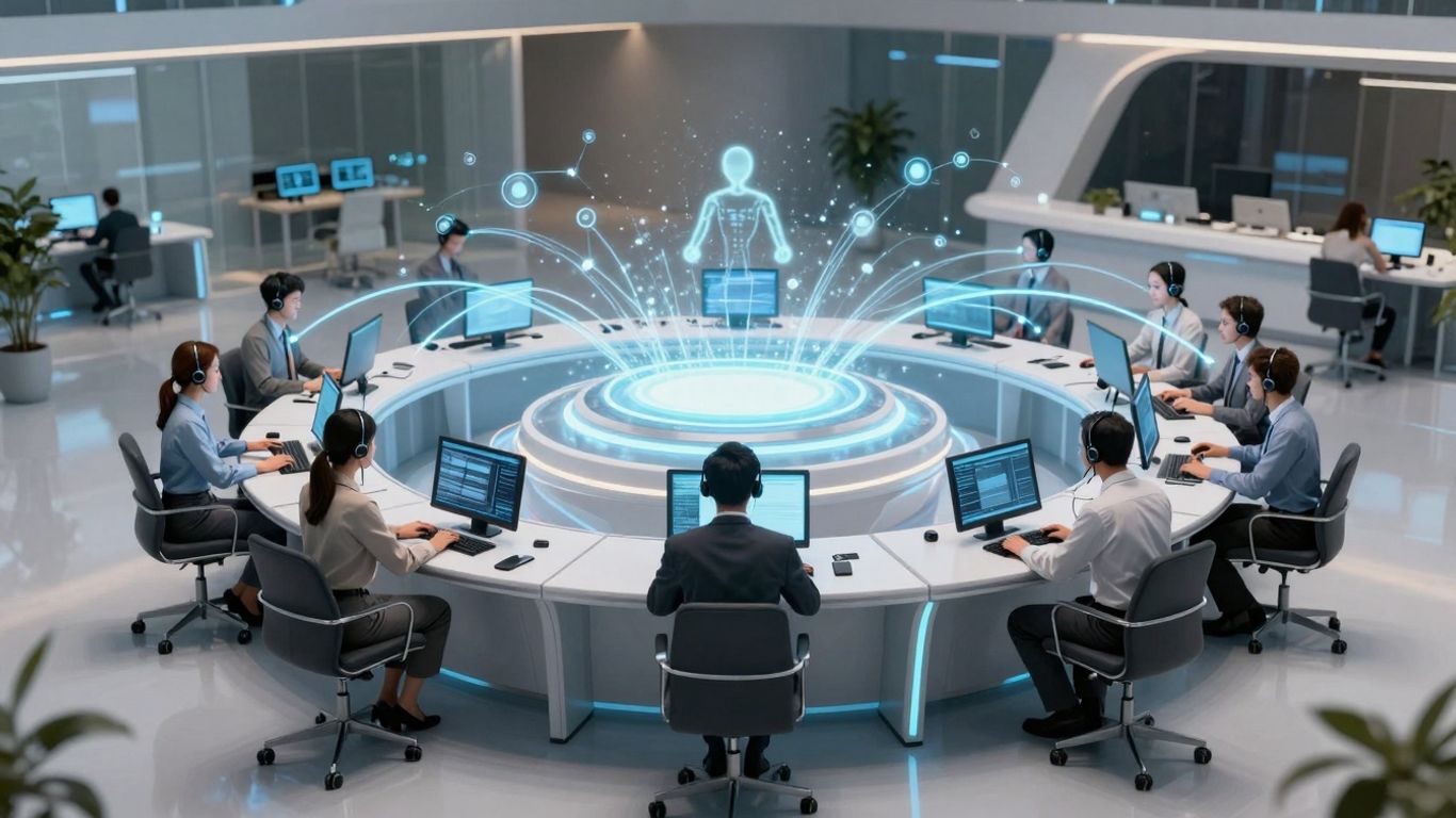 Futuristic call center with glowing lines connecting figures.