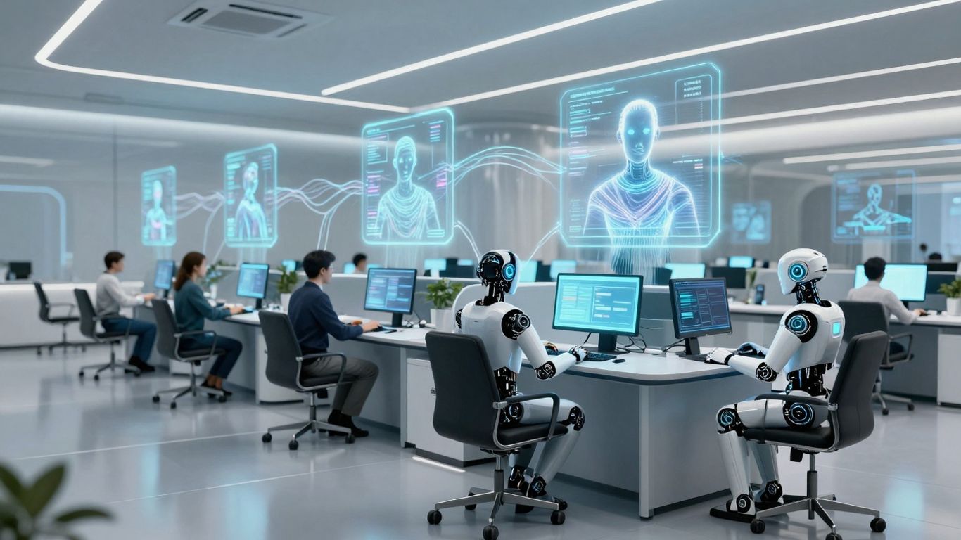 Advanced AI agents in a futuristic call center.
