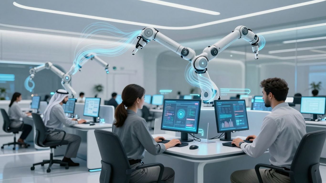 Advanced AI call routing technology in a futuristic call center.