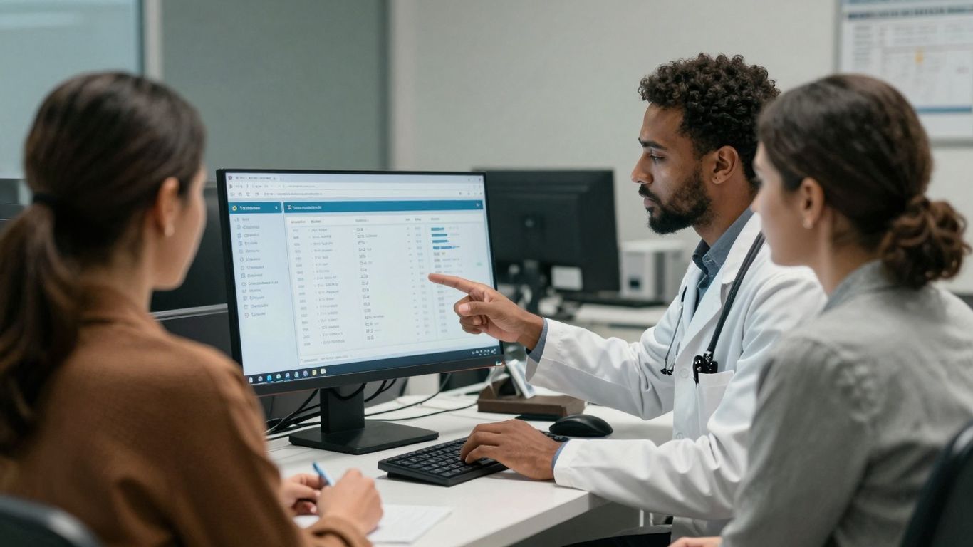 Doctor and patient using integrated EMR/CRM system.