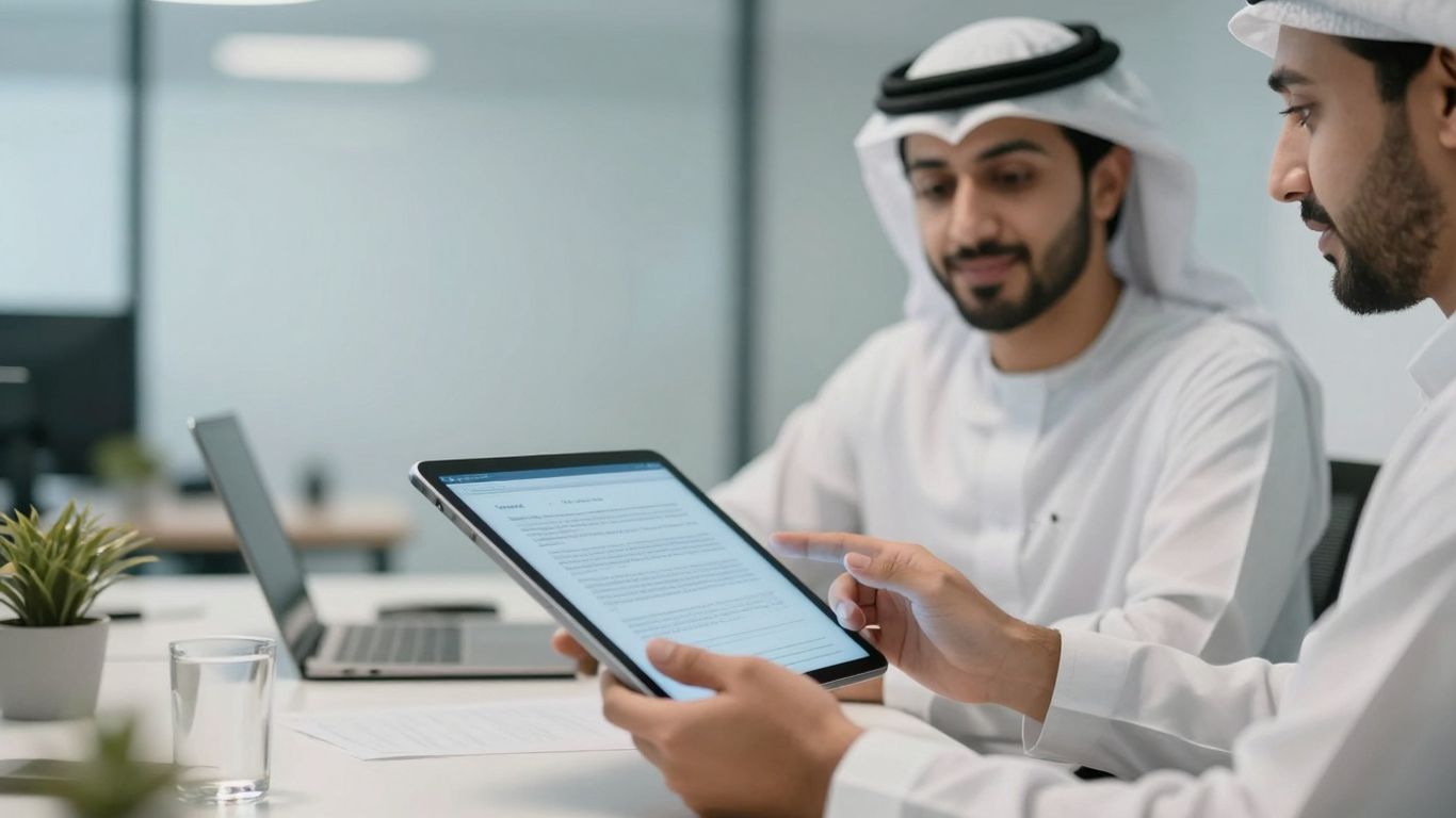 Person delivering a digital document on a tablet.