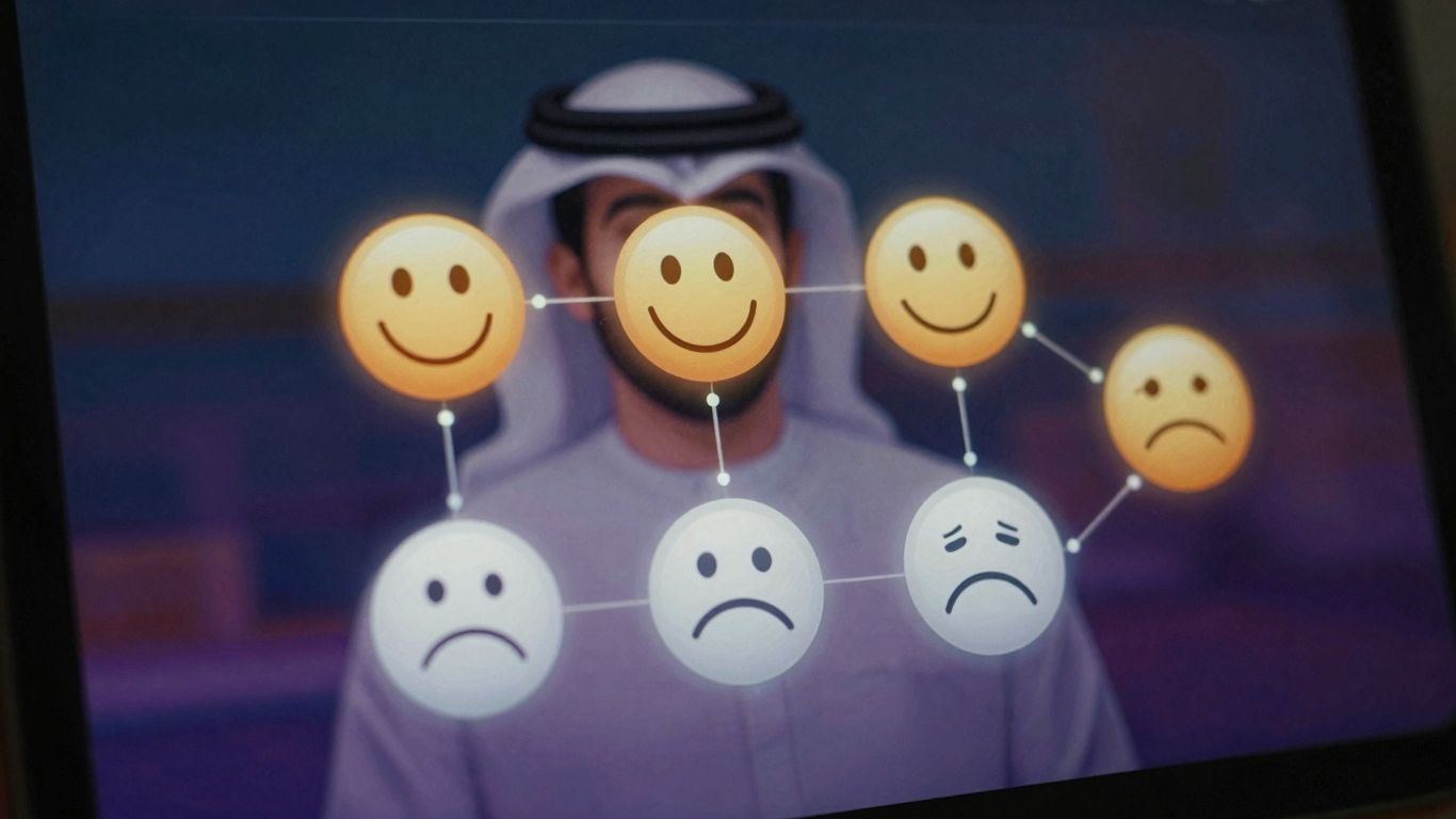 Digital interface showing emotional icons and data flow.