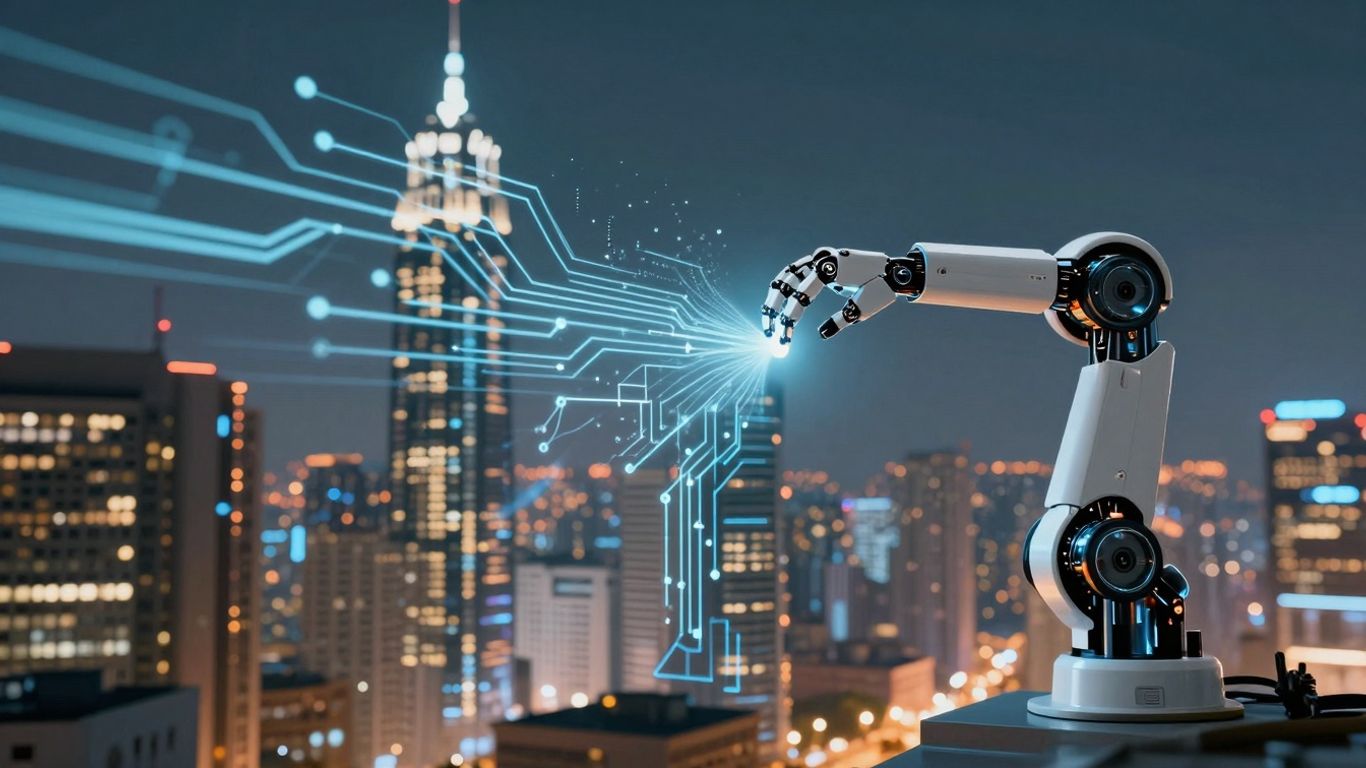 AI robot arm interacting with digital data streams.