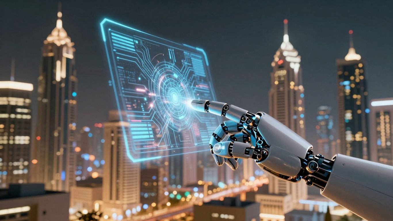 AI robot hand interacting with holographic interface