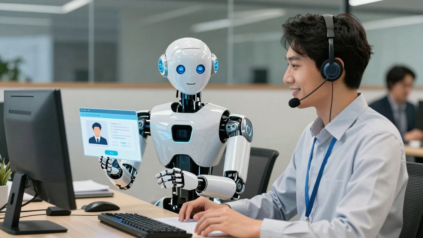 Robot assisting customer service representative with AI tools.