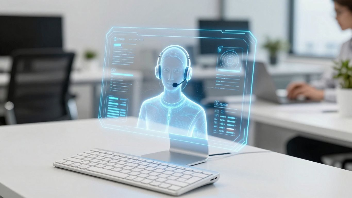 AI customer support desk with holographic interface