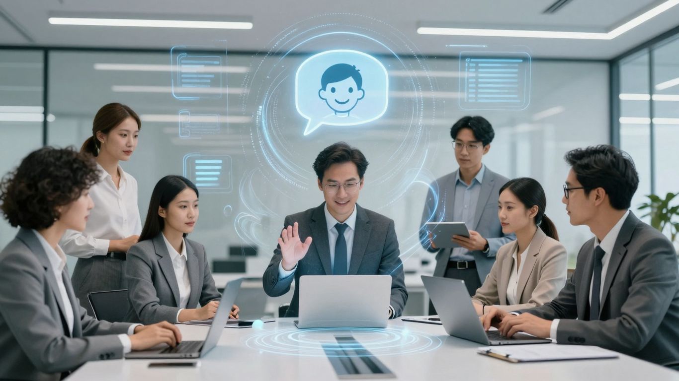AI chatbot assisting business professionals in an office.