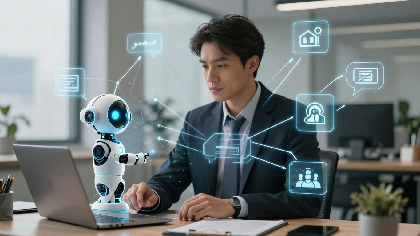 AI chatbot assisting business professional with customer support.