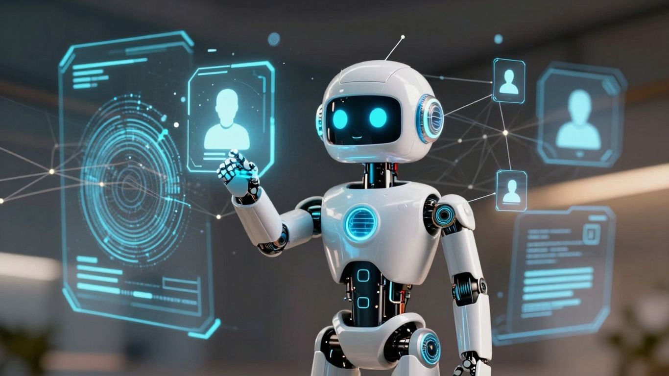 AI robot assisting customers with futuristic interface.