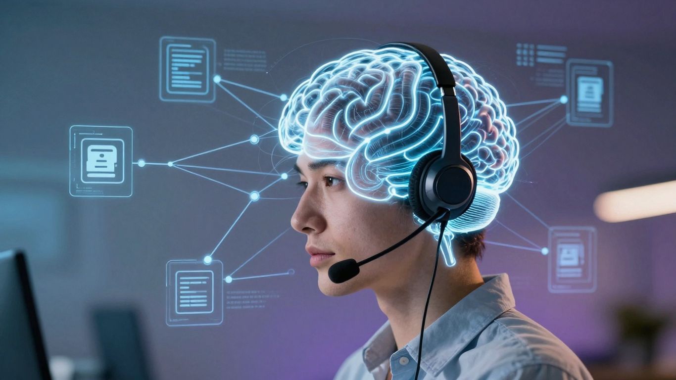 AI brain connected to customer support headset