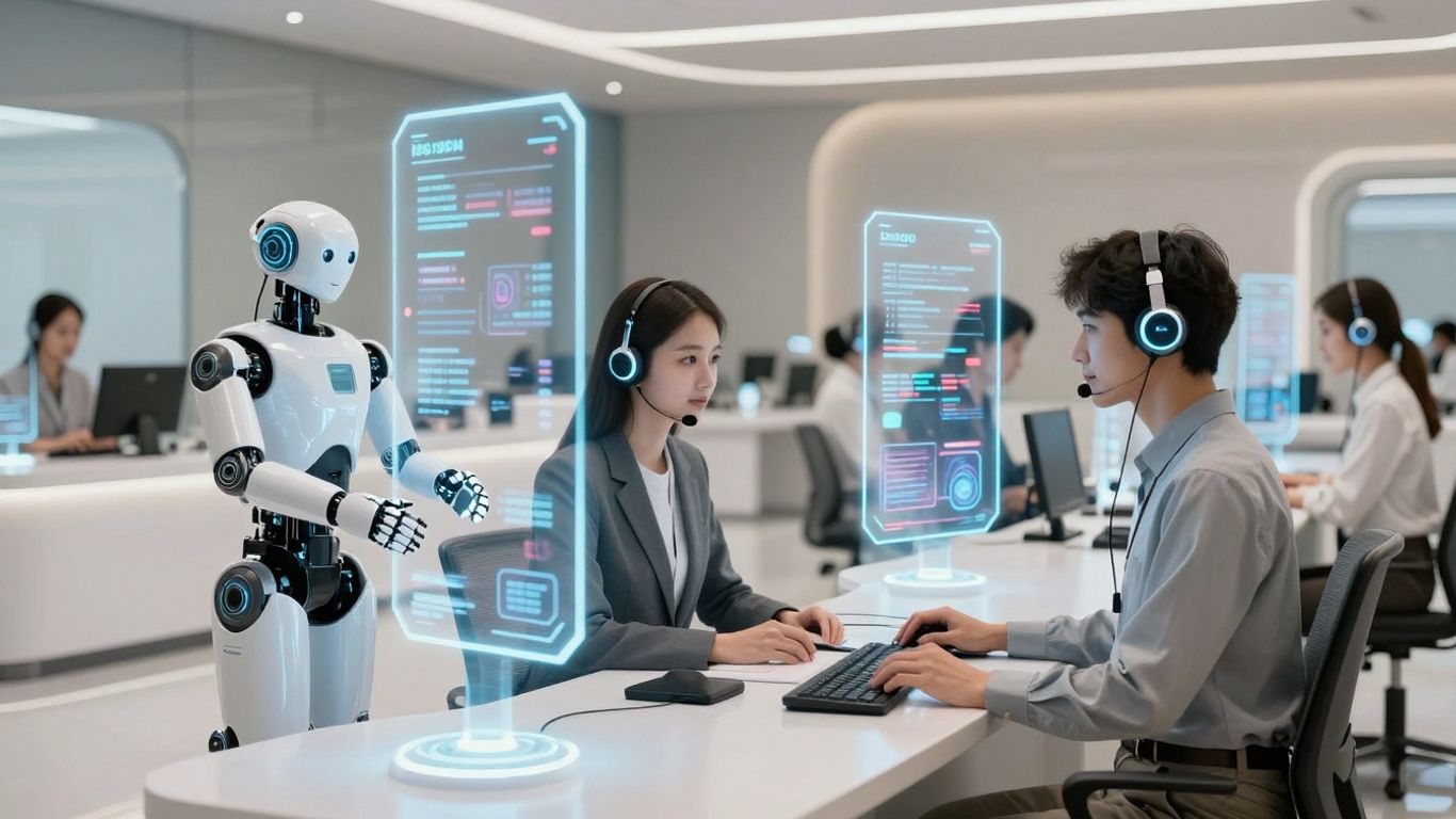AI and human agents in a futuristic customer service center.