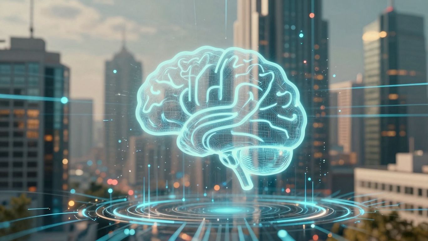 AI brain in futuristic cityscape with data streams