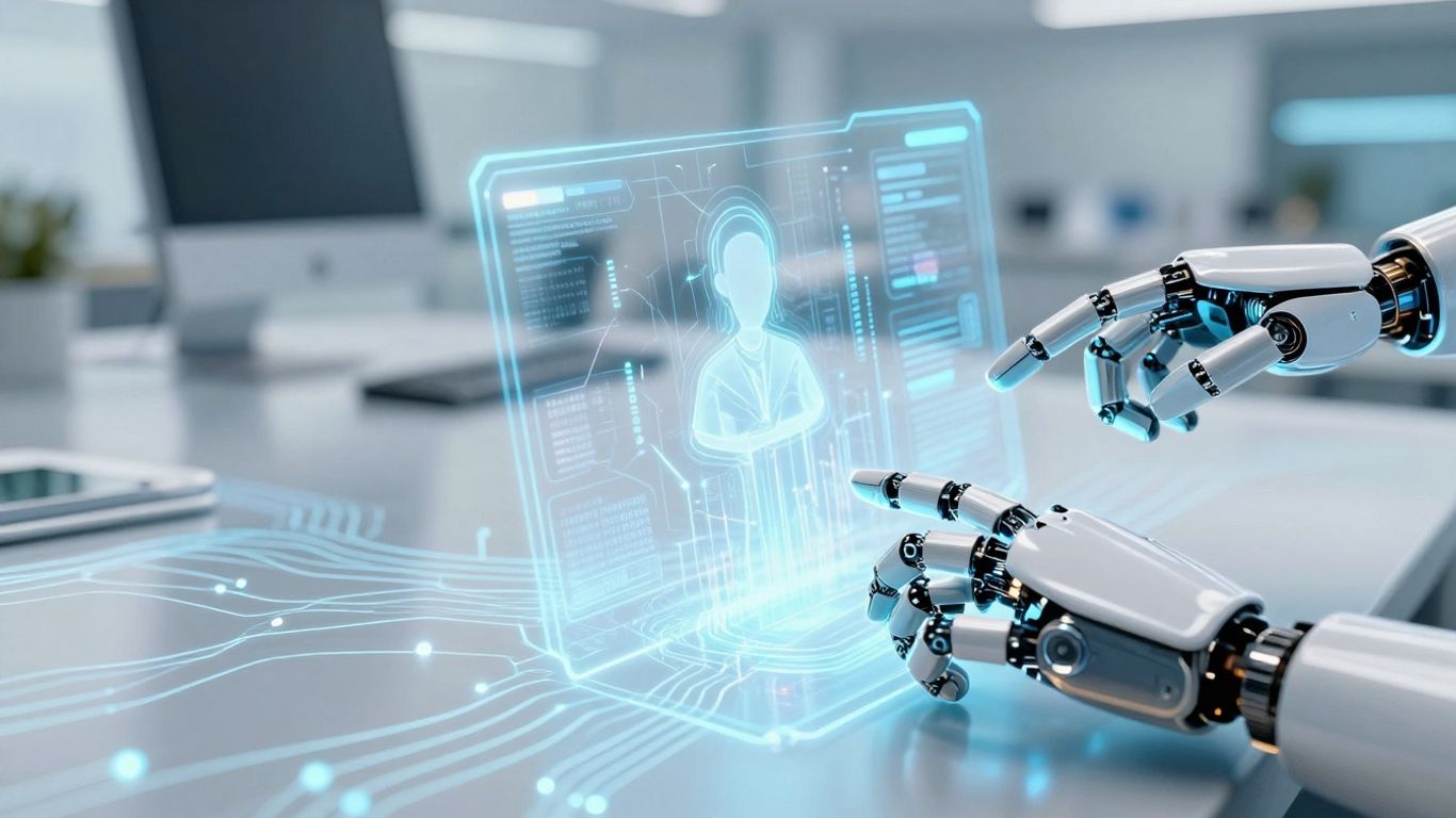 AI customer support automation interface with robotic hands.