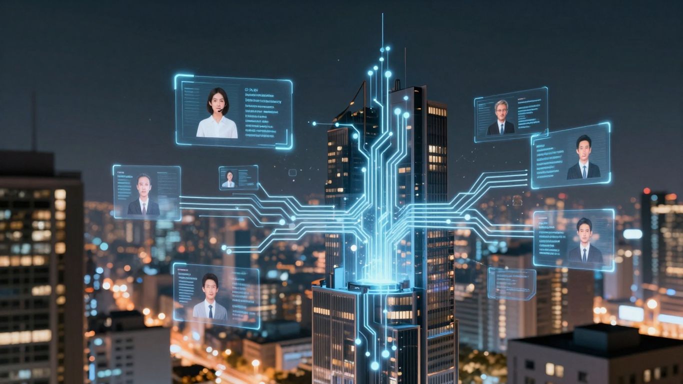 AI customer support automation with futuristic cityscape.