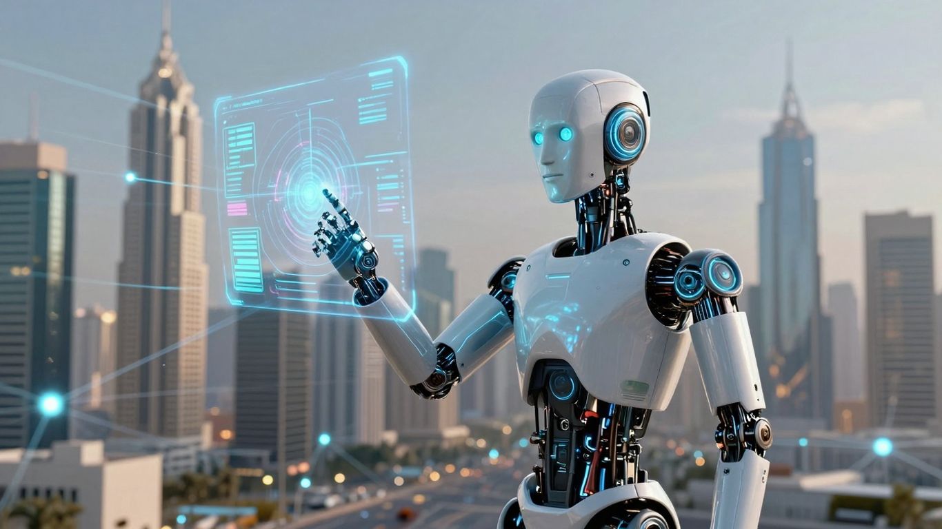 Robot interacting with a futuristic holographic interface.