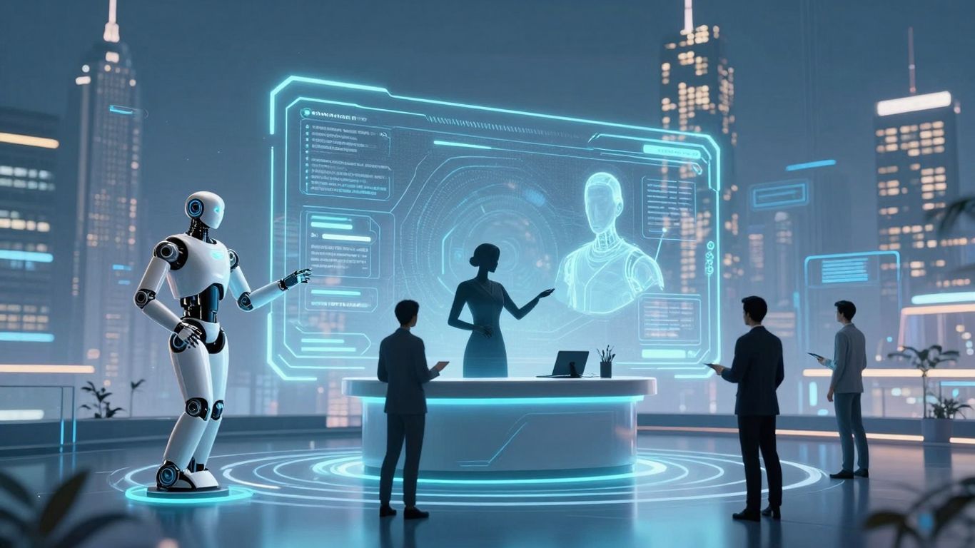 AI robots assisting customers in a futuristic setting.