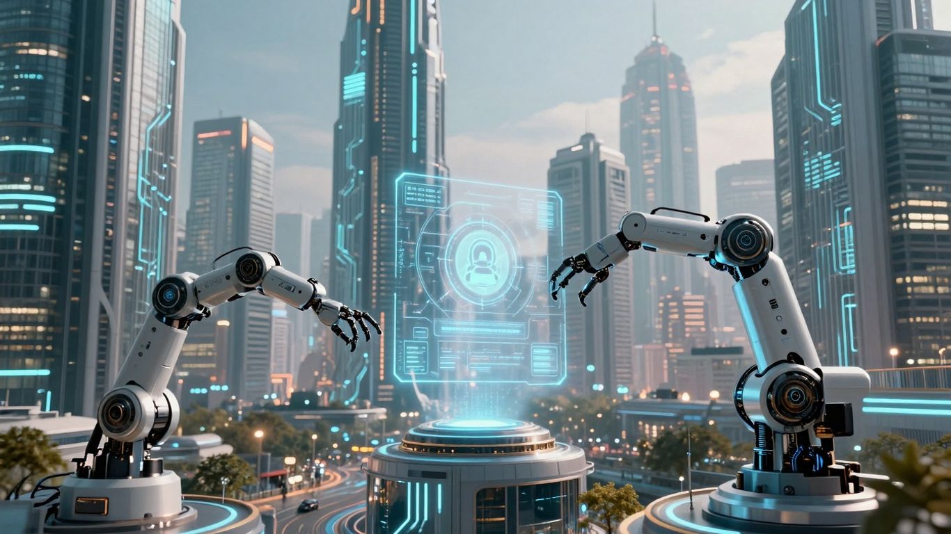 Futuristic cityscape with AI circuits and robotic arms.