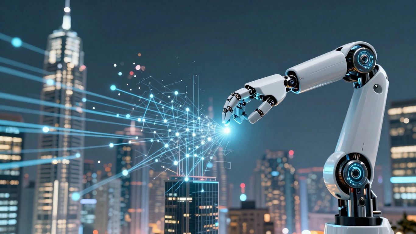 Robot arm interacting with digital data streams.