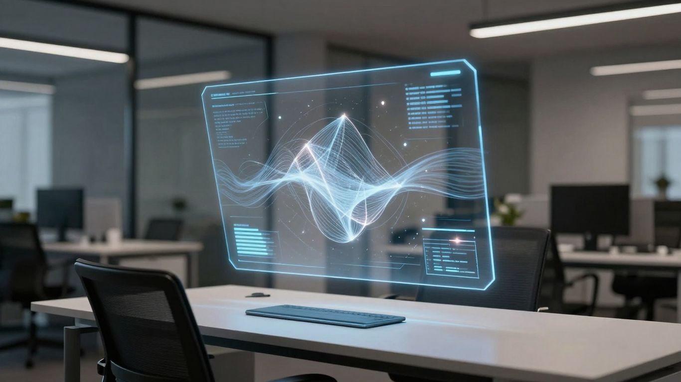 Holographic interface with data streams in a modern office.