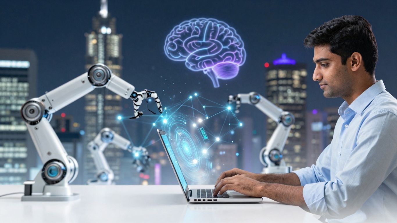 Futuristic cityscape with AI and automation elements.