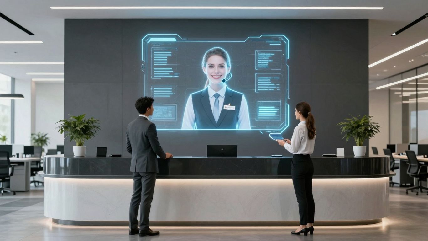 AI receptionist assisting a customer in a modern office.
