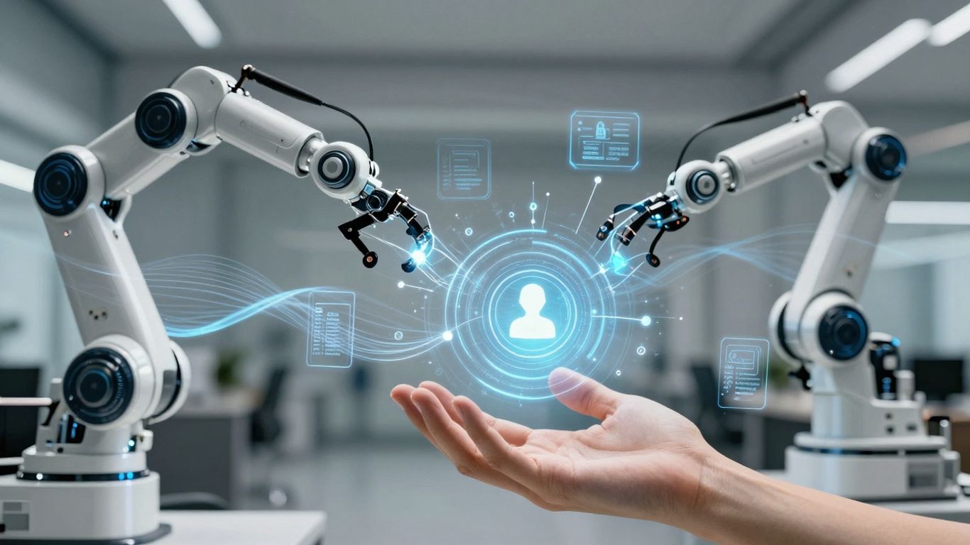 AI and human hands connecting for automated support.