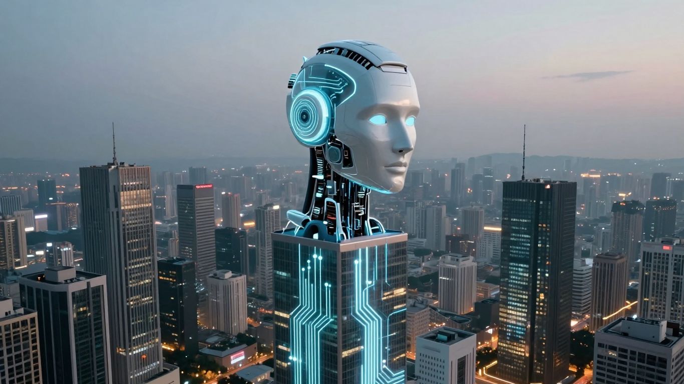 AI robot head over futuristic cityscape with digital circuits.
