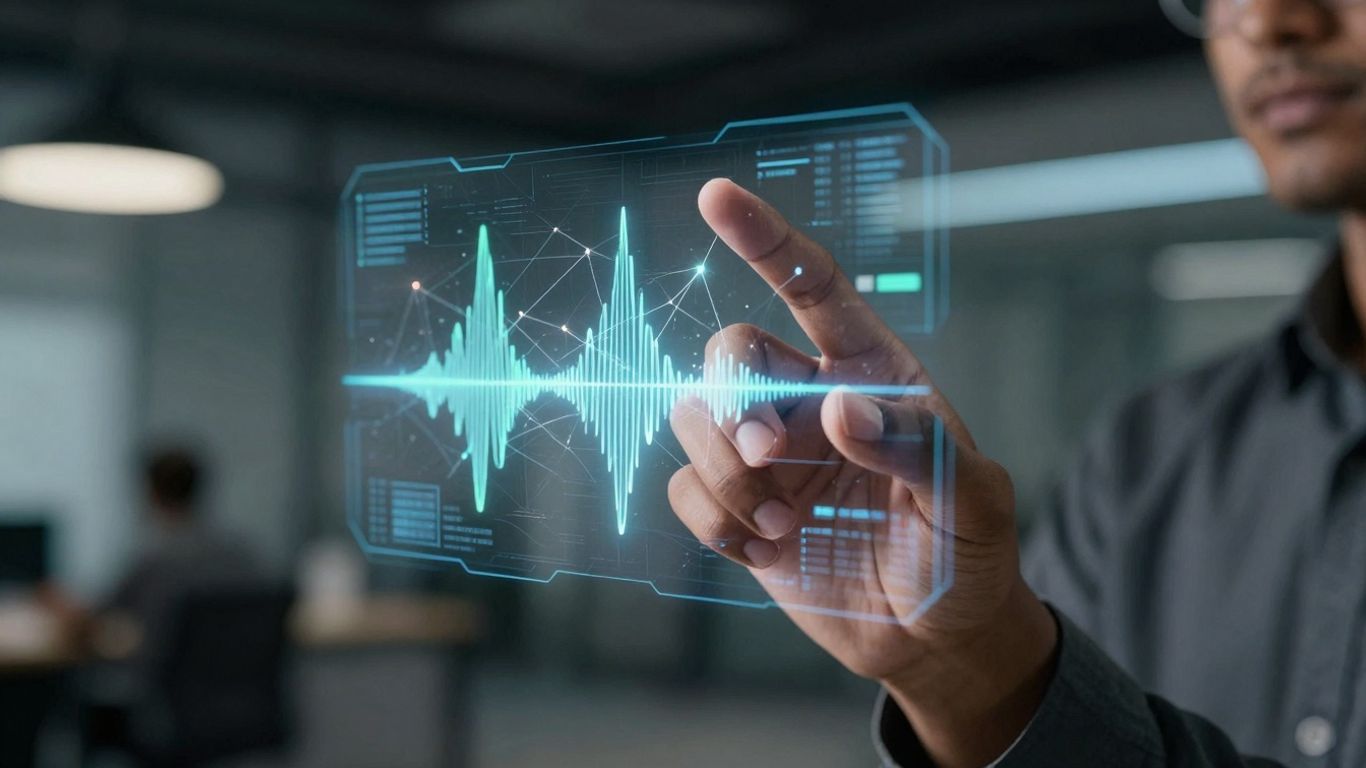 AI voice agent interface with sound waves and connections.