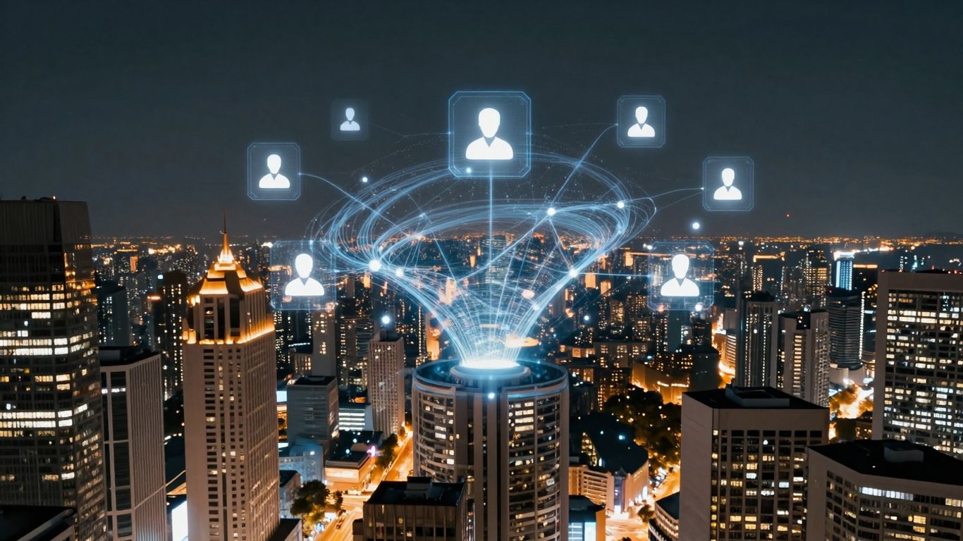 Futuristic cityscape with AI interface and customer service icons.