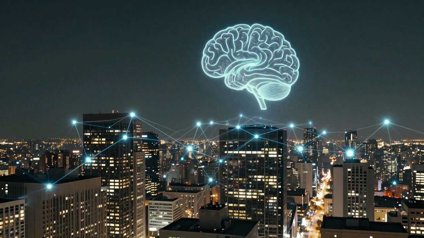 Futuristic cityscape with AI connections and brain icon.