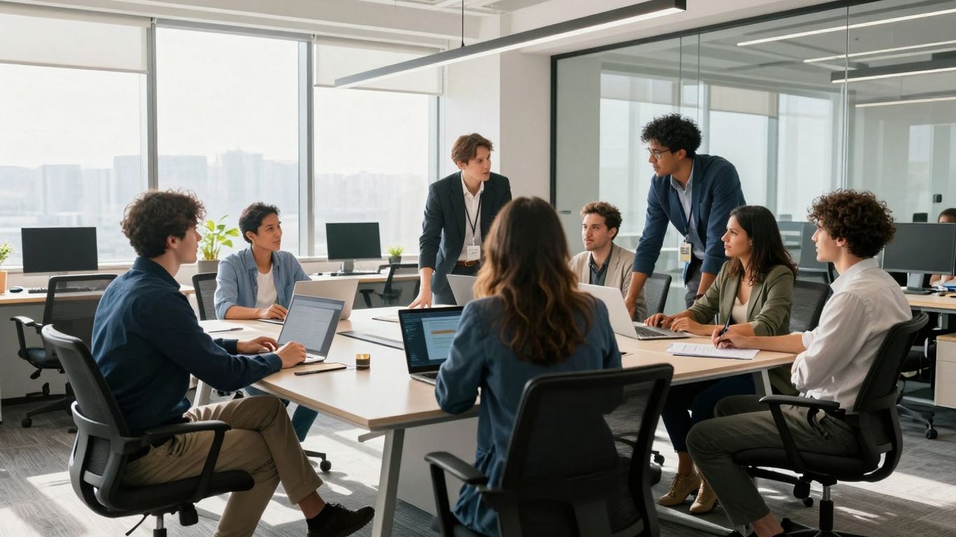 Flockjay logo with abstract AI elements and modern office background.