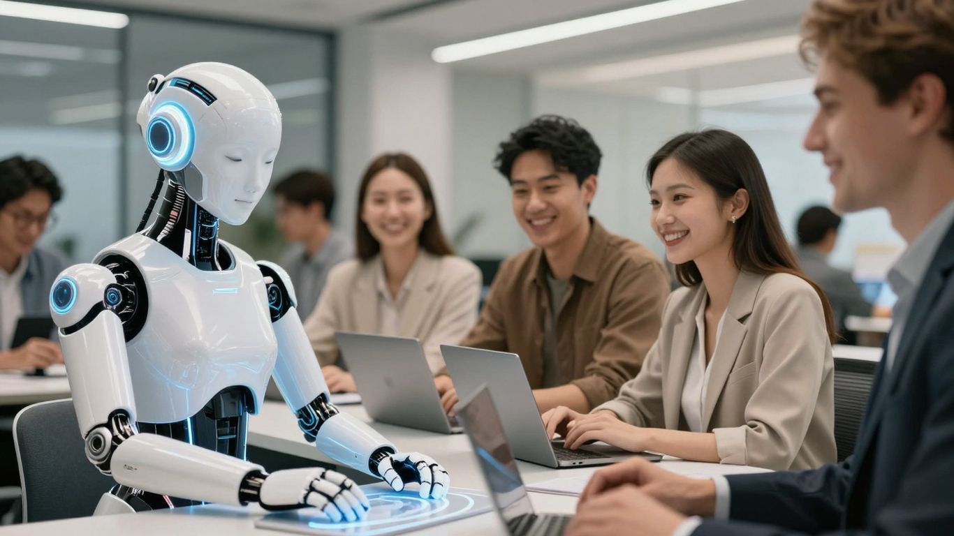 AI agent assisting happy customers with advanced support.