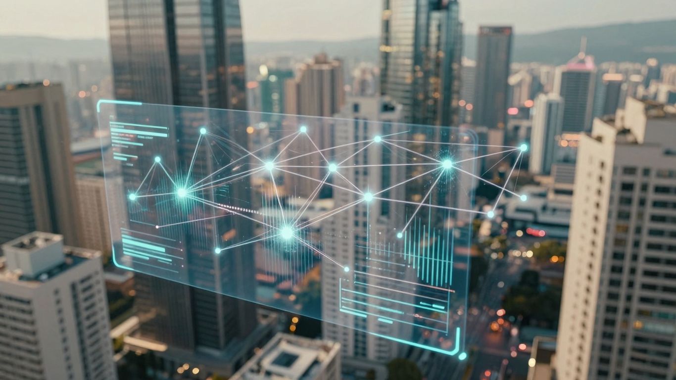 Futuristic cityscape with digital connections and hovering interface.