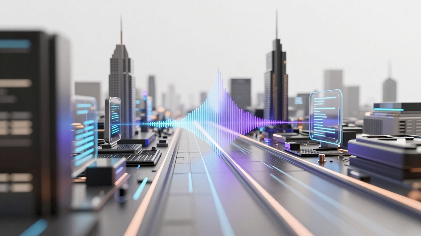 Futuristic AI cityscape with glowing digital connections.