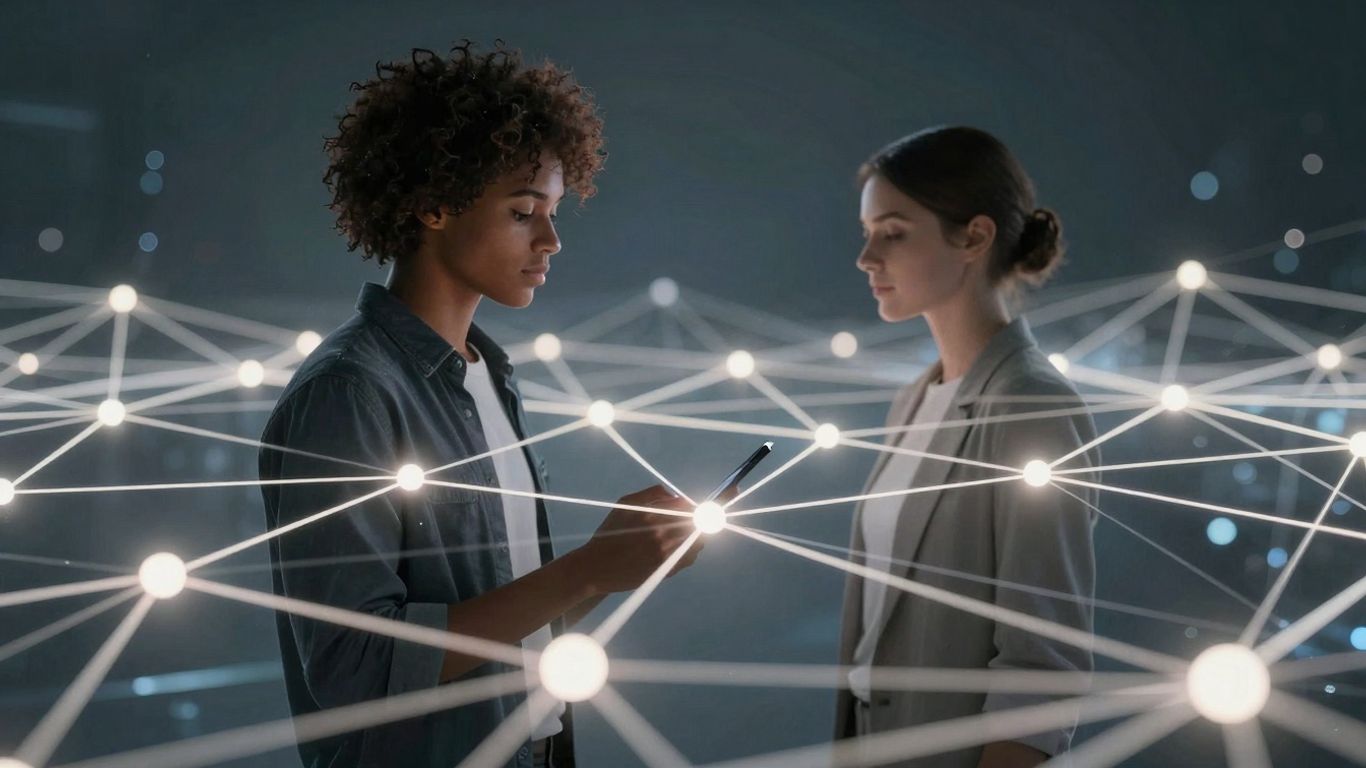 AI and human collaboration in a futuristic digital space.