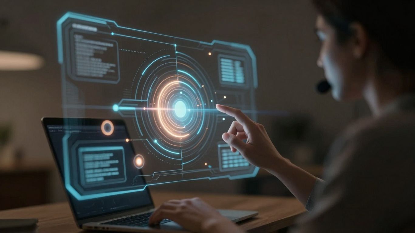 AI customer support automation interface with glowing abstract elements.