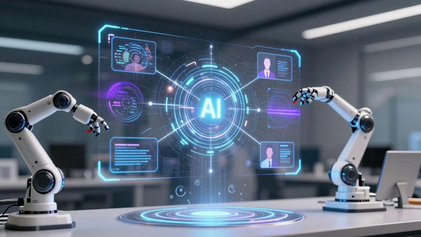 AI assisting customers with futuristic interface.