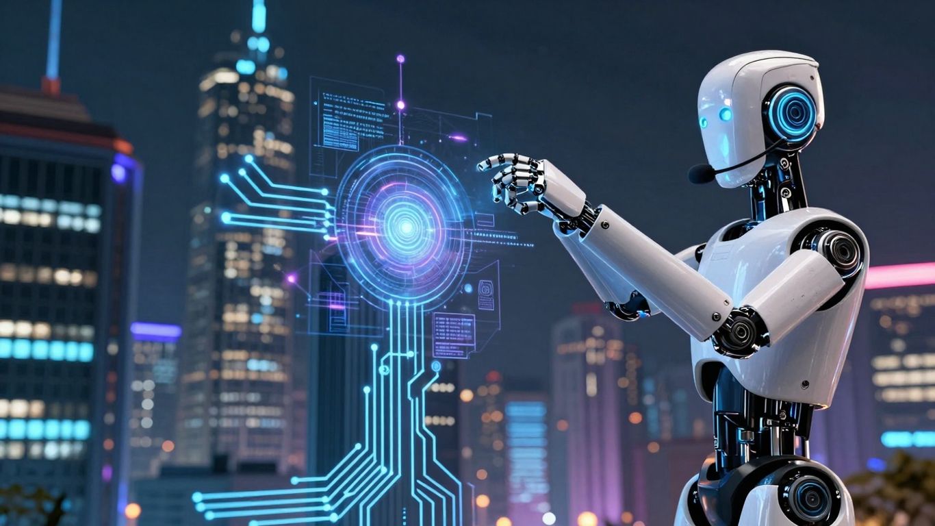 AI robot arm interacting with digital circuits in a futuristic city.