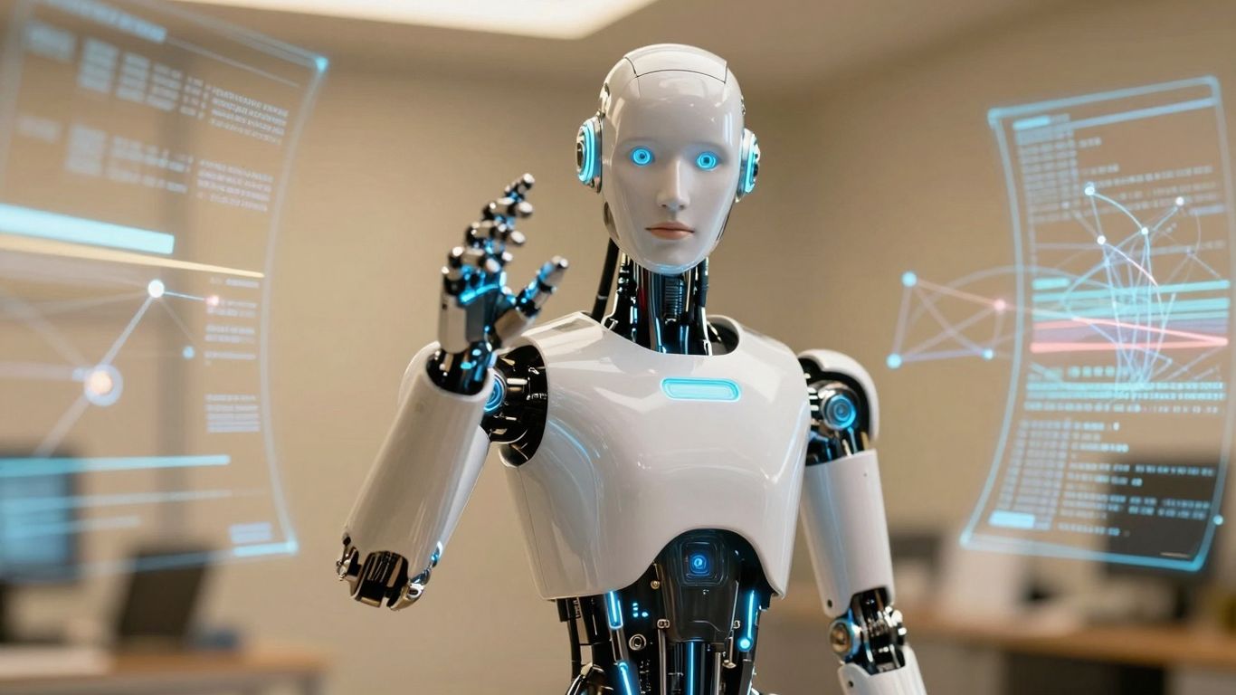 AI agent interacting with digital interface, data streams.