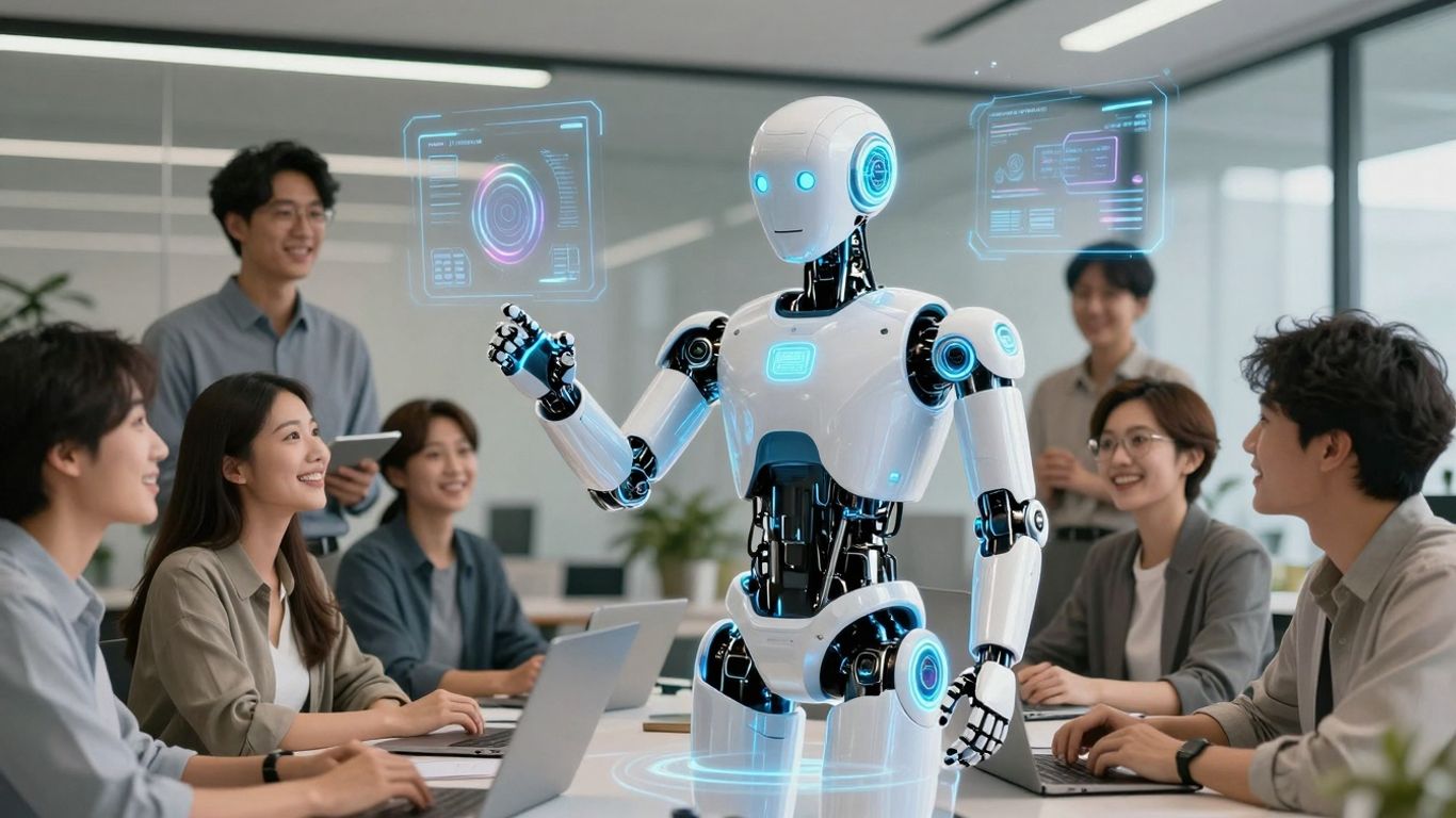 AI agent assisting happy customers in a modern office.