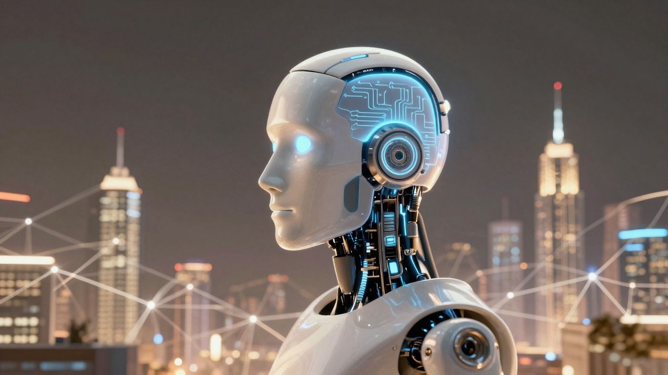 Futuristic cityscape with AI robot head