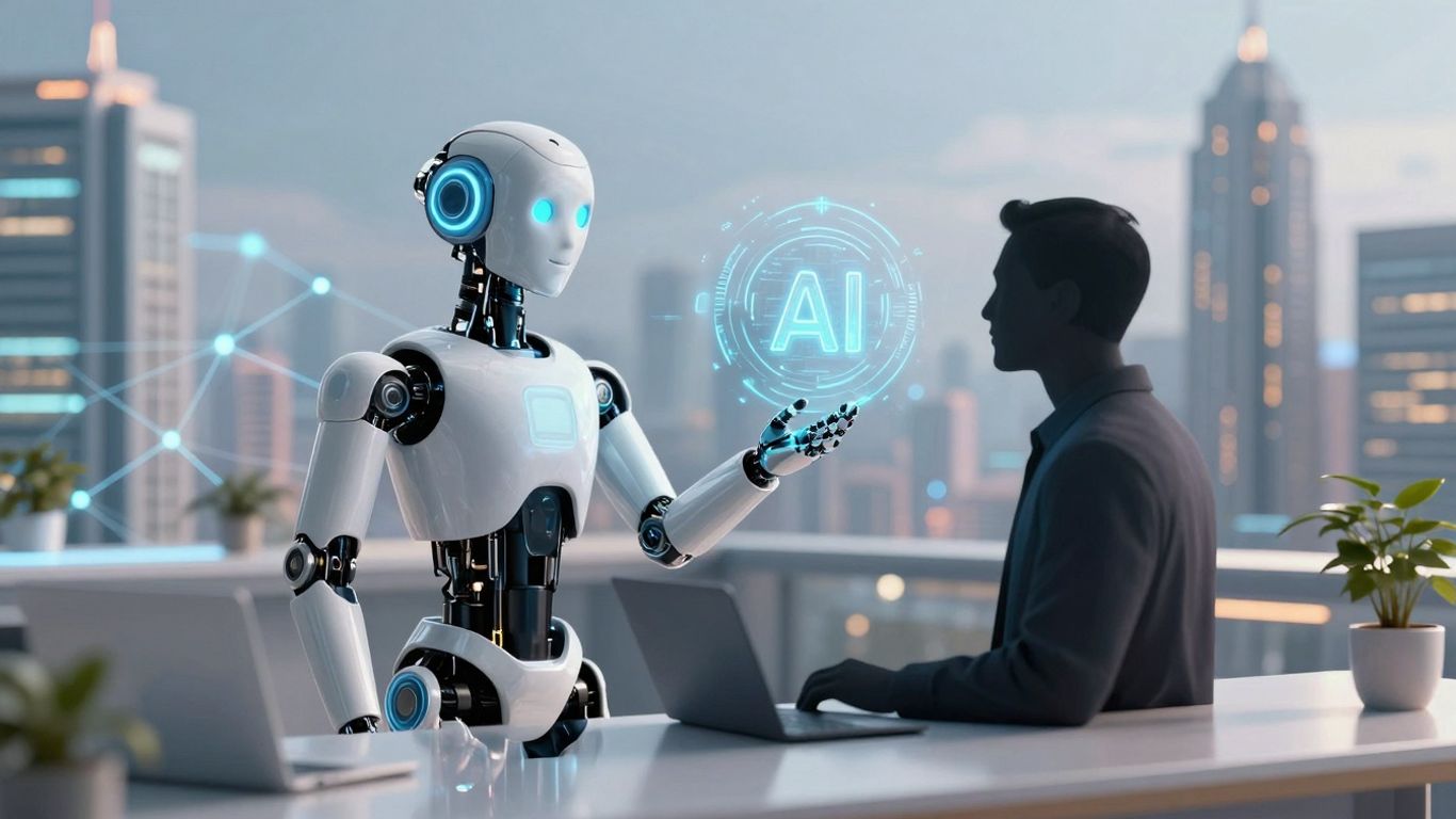Robot assisting human with AI customer support