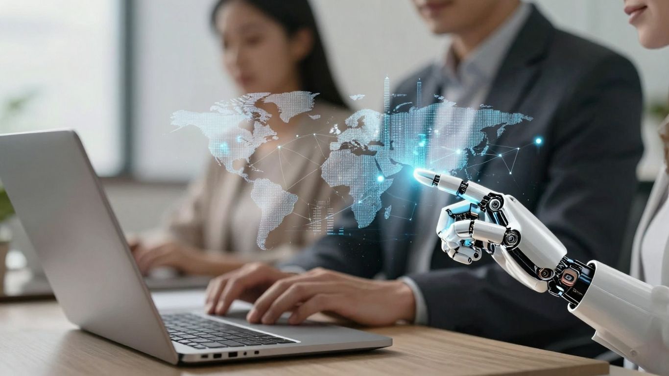 AI customer support automation cityscape with robotic hands.