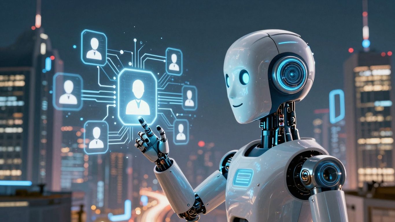 AI customer support robot interacting with holographic icons.