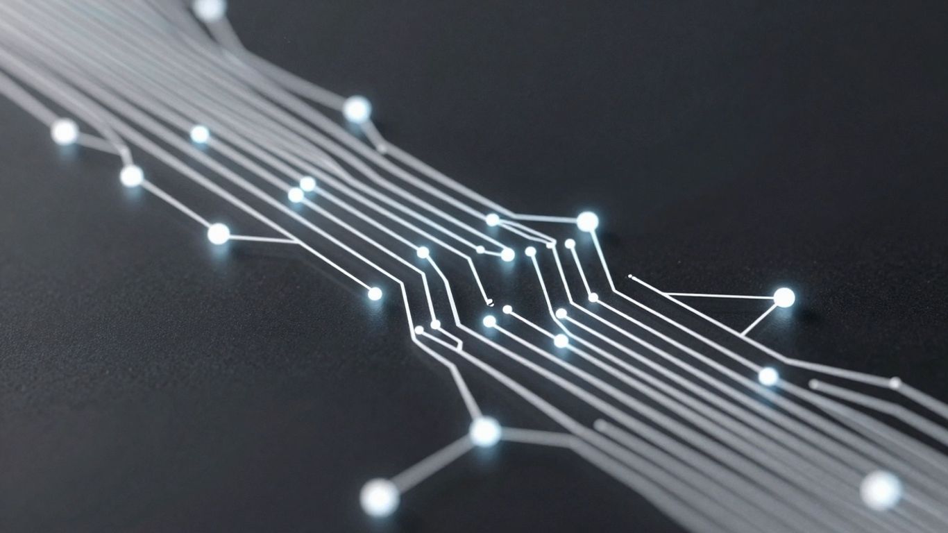 Abstract AI network visualization with glowing nodes and circuits.