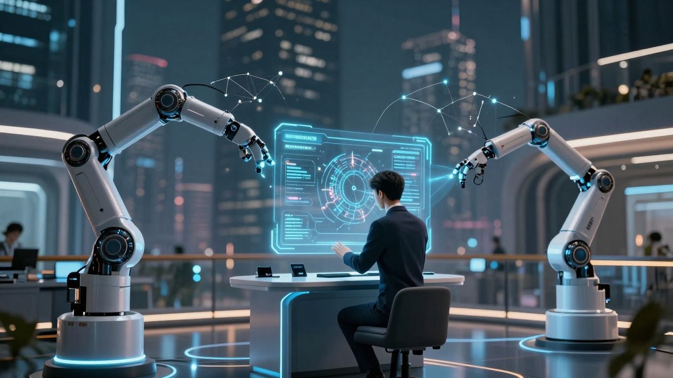 Futuristic cityscape with robotic arms and holographic interfaces.